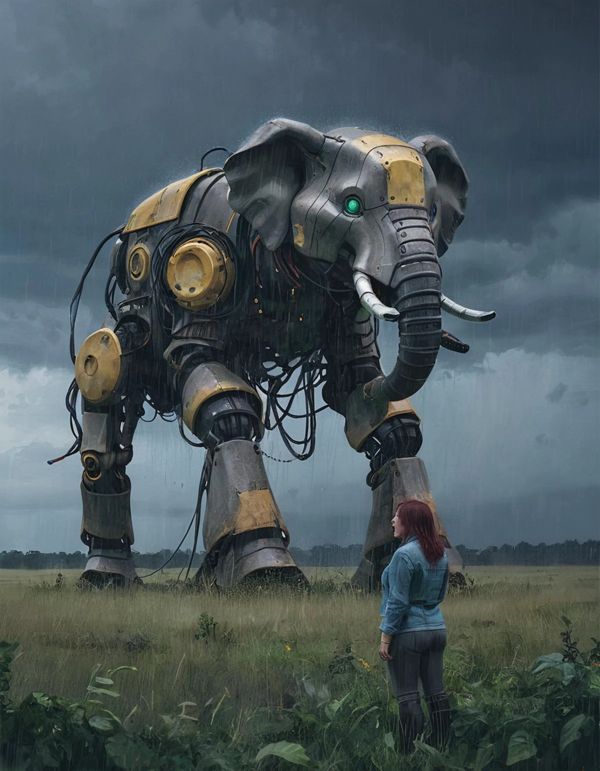 SSTA Riesen-Dickhäuter-Roboter, überwucherte Weide, neugierige Frau, Weitwinkelaufnahme, Regen, Sturm, Beleuchtung schafft eine dramatische Atmosphäre
