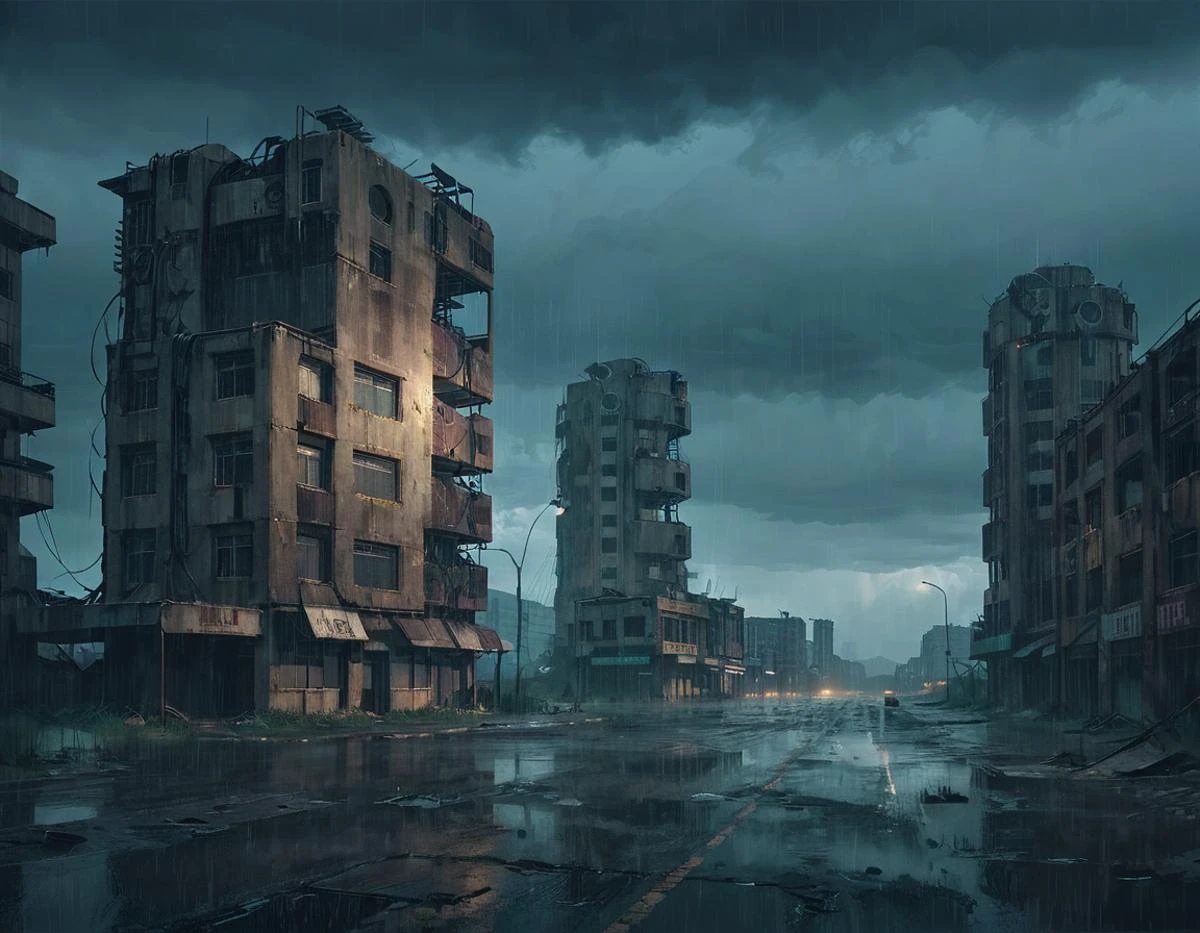 ssta общий план пустынного постапокалиптического города, дождь, буря, освещение создает драматическую атмосферу