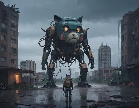 ssta humanoid cat giant robot, wide shot of a deserted post apocalyptic city, rain, storm, lighting creates a dramatic atmosphere