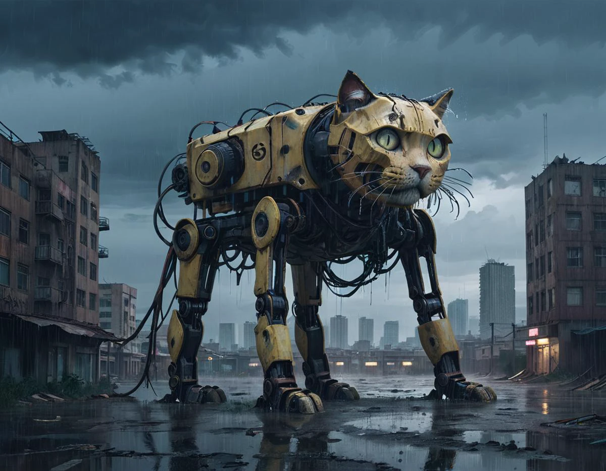 ssta huge cat robot, wide shot of a deserted post apocalyptic city, rain, storm, lighting creates a dramatic atmosphere