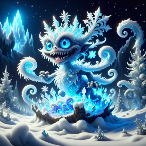 a close up of a cartoon monster with blue eyes in a snowy forest