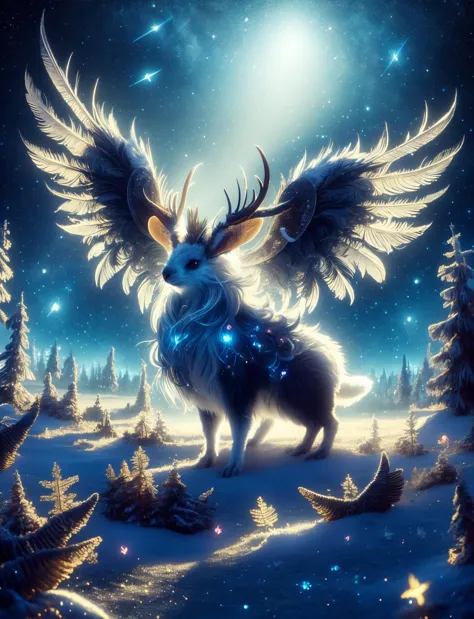 a painting of a deer with wings standing in the snow