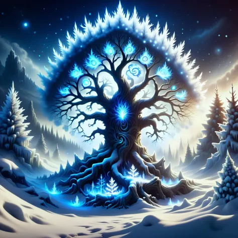 a tree with blue lights in the middle of a snowy landscape