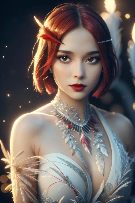 a woman with red hair and a necklace in a white dress