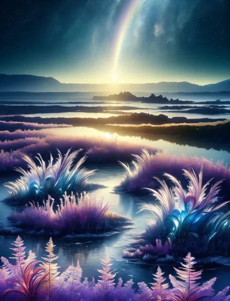 purple flowers and grass in a field with a rainbow in the sky