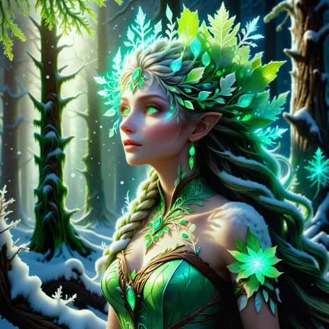 a woman with green hair and a wreath of leaves in a forest