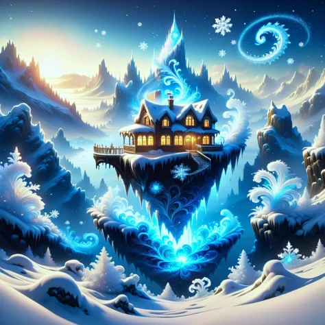 a painting of a house on a snowy mountain with a sky background