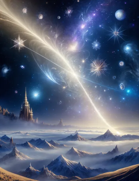 a view of a castle in the sky with a star in the background