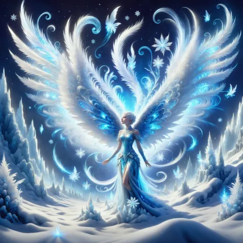 a woman in a blue dress with white wings and stars