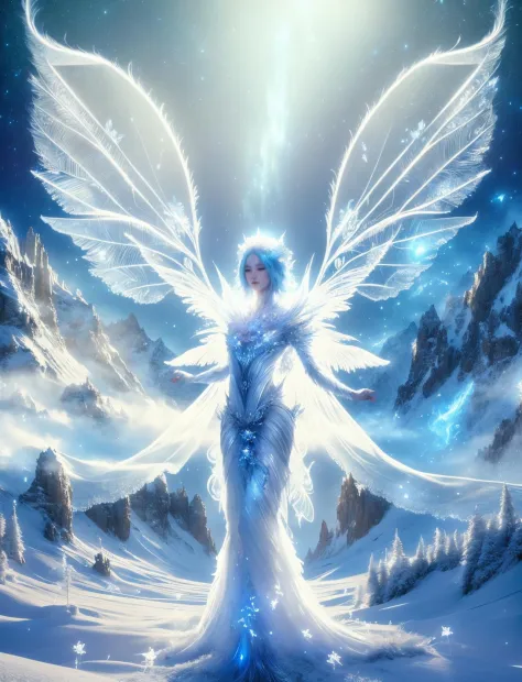 a woman in a white dress standing in the snow with wings