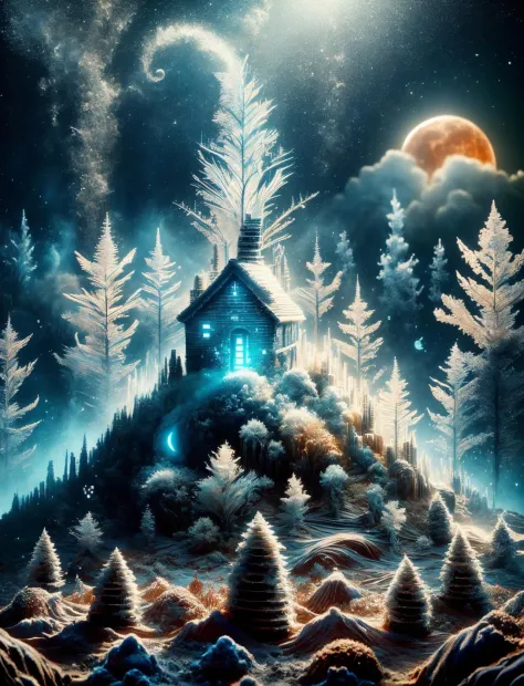 a painting of a house in the middle of a snowy forest