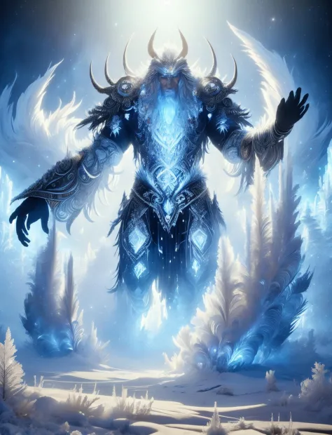 a large blue and white creature with horns and wings in the sky