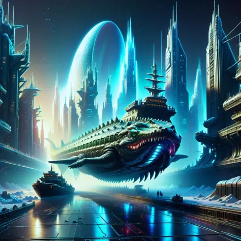 a large alien ship floating in the middle of a city