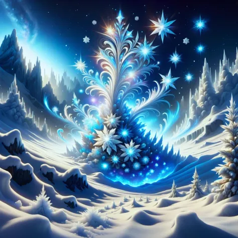 a christmas tree with snow and stars in the sky