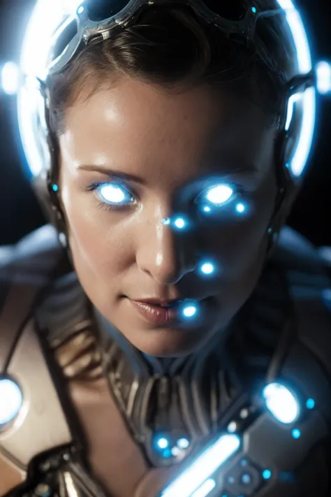 a woman with glowing eyes and a futuristic outfit