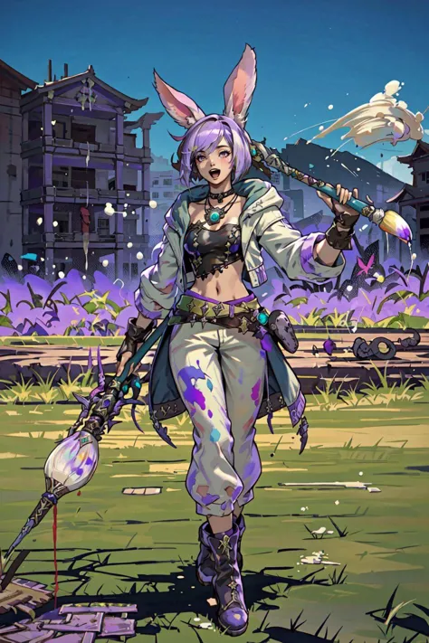 PictomancerFFXIV, 1girl, solo, viera, rabbit ears, short hair, open mouth, gloves,  outdoors,  navel, jewelry, jacket, full body, purple hair, boots, midriff, belt, pants, fingerless gloves, necklace, paintbrush, paint drip, paint splash, paint splatter, grass, mountains, Onsal Hakkir, PVP mode, FFXIV, masterpiece, best quality , official art , <lora:PictoMancerFFXIV:0.8>