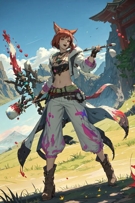 a woman with a sword and a knife in a field