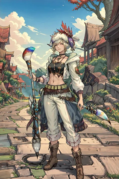 PictomancerFFXIV, 1girl, solo, navel, cropped jacket, crop top, hat feather, holding, jewelry, standing, long paintbrush, boots, outdoors, sky, day, holding paintbrush, tree, white jacket, choker, midriff, belt, brown footwear, scenery, masterpiece, best quality , official art , <lora:PictoMancerFFXIV:0.8>