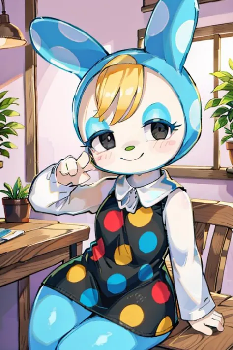 (masterpiece, best quality, highres, ultra detailed:1.2), (solo, 1girl, furry female, cowboy shot), francine_(ac), rabbit, white fur, dress, polka dot, polka dot dress, shirt collar, BREAK, blush stickers, rabbit tail, black eyes, short blonde hair, (sleeveless:1.4), animal hood, hood, smile, (dynamic pose), (sitting, wooden, cottage interior, flora, plants, detailed background:1.1)