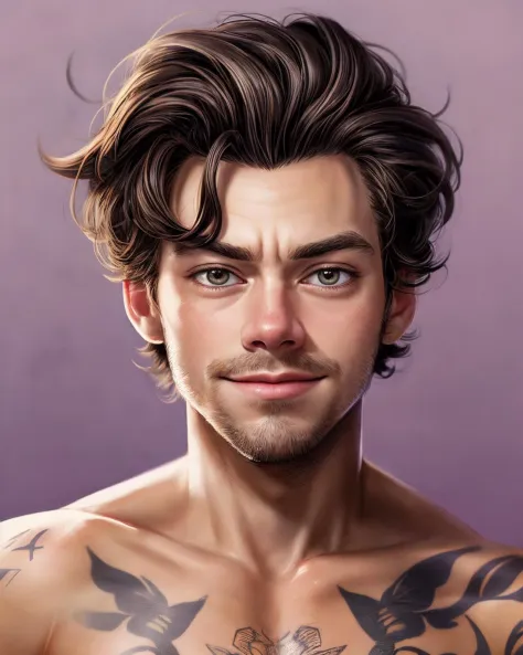 Harry, homem bonito, retrato em close, tronco, estilo pixar, sorriso pretensioso, foco nitído, absurdos, obra de arte, fundo limpo e simples de lavanda, (topless:1.1), pose dinâmica, tatuagens 