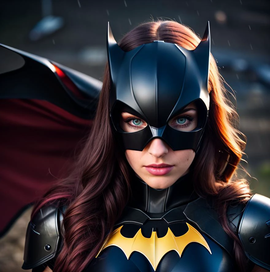desde arriba, Retrato de Batgirl con servoarmadura pesada negra., pelo rojo, máscara de ojos negro completo, noche, lluvia, capa negra, ojos claros, iluminación, film glluvia