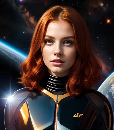 1 young woman, hair red, beautiful, spacesuit black, golden, outer space scifi, glowing necklace , rim light (realistic, photorealistic, masterpiece)