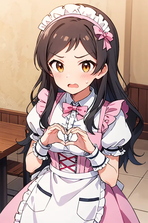 kitazawa shiho, pretty waitress, 1girl, solo, long hair, heart hands, maid headdress, blush, open mouth, wrist cuffs, brown eyes, puffy short sleeves, maid, sweatdrop, frills, looking at viewer, pink neckwear, waist apron, brown hair, black hair, upper body, white apron, pink bow, medium breasts, eyebrows visible through hair, white shirt, frilled apron, orange eyes, pink skirt, enmaided, maid apron, pink dress, v-shaped eyebrows, waitress, wavy mouth, moe moe kyun!, parted bangs, pink apron, pink hairband, pocket, sweat, collared shirt, buttons, underbust, blush stickers, frown, wavy hair, frilled cuffs, embarrassed, swept bangs, frilled sleeves, hands up, sidelocks, yellow eyes, pink ribbon, cowboy shot, center frills, wing collar, standing, d:, furrowed brow, corset, looking away, frilled dress, frilled hairband, dress shirt, pink bowtie, dot nose, white headdress, white wrist cuffs, cafe, indoors
<lora:kitazawa_shiho_locon_v1:0.7>