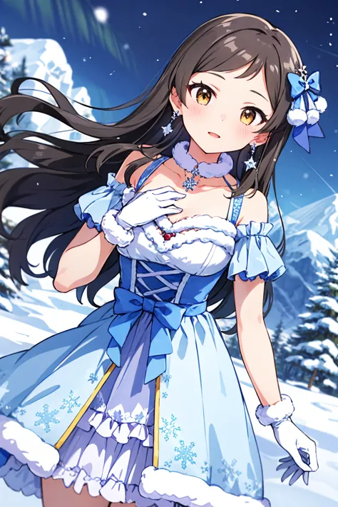 kitazawa shiho, bright aurorajewel, 1girl, brown eyes, solo, brown hair, aurora, looking at viewer, open mouth, white gloves, jewelry, fur trim, dutch angle, mountain, fur-trimmed gloves, outdoors, cleavage, bare shoulders, night, smile, winter, hair bow, hand on own chest, blue dress, snowflakes, collarbone, snowing, night sky, sleeveless dress, blush, star \(sky\), fur-trimmed dress, blue bow, medium breasts, bare tree, standing, hair ornament, frills, starry sky, hair ribbon, snowflake print, purple bow, fur collar, cloud, layered dress, floating hair, earrings, parted bangs, star \(symbol\), very long hair, depth of field, nature, pom pom \(clothes\), off shoulder, lens flare, winter clothes, storm, swept bangs, yellow eyes, black hair, beads, frilled dress, cowboy shot, blue theme, wind, blue ribbon, short sleeves, pendant, purple dress, forest, blurry foreground, white dress, pearl necklace, detached sleeves, pearl \(gemstone\), hand up, bracelet, head tilt, sparkle, rock, frilled gloves, print dress, dress bow, arm support, blue choker, dot nose, white choker, blurry background, cross-laced clothes, two-tone dress, detached collar, fur-trimmed sleeves, sidelocks, parted lips
<lora:kitazawa_shiho_locon_v1:0.7>