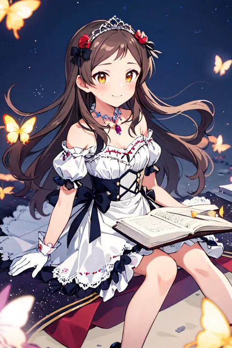 masterpiece, best quality, 
kitazawa shiho, princess story, 1girl, solo, book, bug, brown hair, tiara, smile, jewelry, white glo...