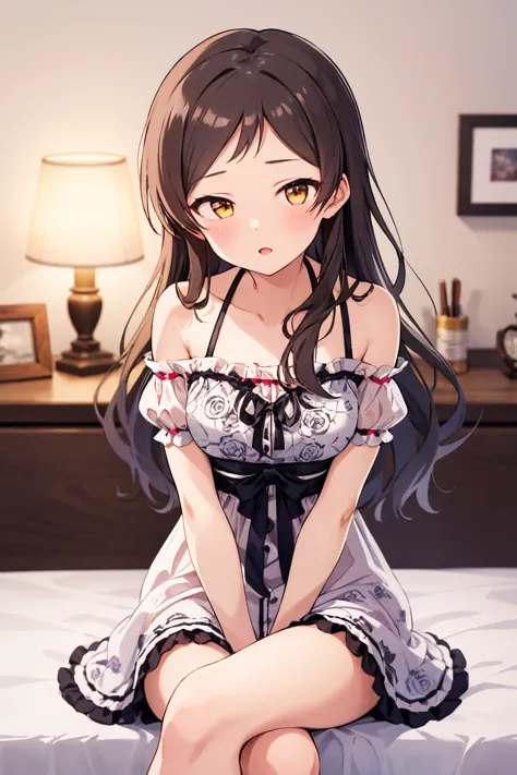 kitazawa shiho, sexy-beautiful, 1girl, solo, sitting, blush, looking at viewer, brown eyes, crossed legs, brown hair, bare shoulders, collarbone, own hands together, open mouth, blurry background, parted lips, depth of field, lamp, frills, white dress, detached sleeves, dutch angle, swept bangs, indoors, light particles, frilled dress, yellow eyes, black hair, on bed, eyebrows visible through hair, interlocked fingers, sleeveless dress, feet out of frame, puffy short sleeves, sitting on bed, black ribbon, parted bangs, floral print, white skirt, own hands clasped, halterneck, leaning forward, shiny, nightgown, off shoulder, :o, very long hair, medium breasts, bedroom, sidelocks, spaghetti strap, bokeh, light, frilled sleeves, rose print, thighs, short dress, ribbon trim, bare arms, shiny hair, legs together, smile, off-shoulder dress, black bow, arm garter, half-closed eyes, from side, bed sheet, pink dress
<lora:kitazawa_shiho_locon_v1:0.7>