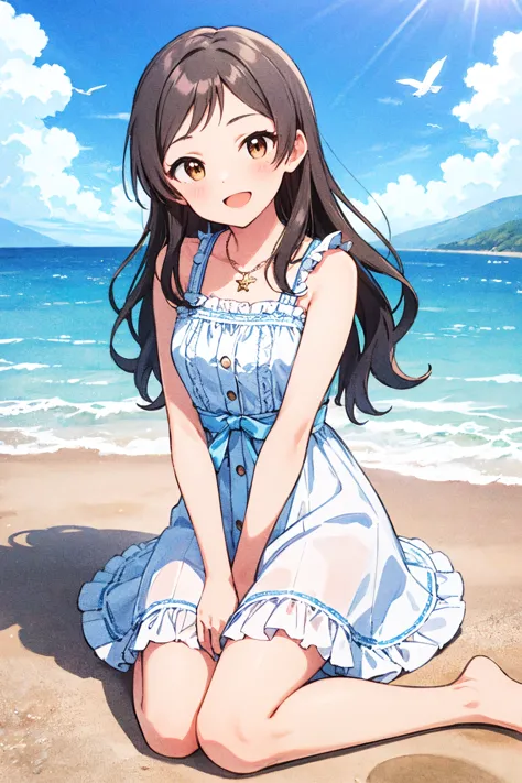 kitazawa shiho, pure one-piece, 1girl, brown hair, long hair, solo, brown eyes, day, sitting, smile, wariza, kneeling, open mouth, ocean, cloud, white dress, looking at viewer, blush, outdoors, :d, hand between legs, blue sky, sundress, sleeveless dress, horizon, bird, collarbone, v arms, water, shiny, shiny hair, star necklace, cloudy sky, bare shoulders, knees together feet apart, feet out of frame, seagull, head tilt, pendant, beach, cross-laced clothes, ribbon trim, blue bow, ribbon-trimmed dress, frills, bare legs, bare arms, lens flare, frilled dress, wavy hair, small breasts, blue ribbon, own hands together, swept bangs, ribbon-trimmed clothes, summer, legs, seaside, breakwater, center frills, buttons
<lora:kitazawa_shiho_locon_v1:0.7>