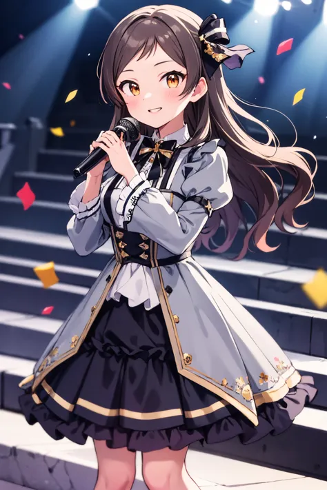 masterpiece, best quality, 
kitazawa shiho, proud-of-stage, 1girl, microphone, solo, looking at viewer, smile, holding microphone, brown hair, brown eyes, blush, frilled sleeves, glowstick, black skirt, parted lips, grey dress, black ribbon, black bow, stage, stage lights, black neckwear, grey jacket, yellow eyes, confetti, hair bow, standing, blurry background, hair ribbon, star hair ornament, depth of field, dutch angle, wide sleeves, neck ribbon, grey skirt, eyebrows visible through hair, wavy hair, concert, medium breasts, grey shirt, black hair, hands up, feet out of frame, jewelry, brooch, juliet sleeves, suspender skirt, grin, sparkle, lens flare, cowboy shot, swept bangs, puffy long sleeves, one side up, music,  spotlight, orange eyes, open clothes, frilled skirt, light particles, very long hair, parted bangs, layered skirt, pleated skirt, open mouth, screen, fingernails, singing, streaked hair, blurry foreground, layered dress, light stick, striped bow, frilled ribbon, sidelocks, black bowtie, dot nose, closed mouth, audience, stairs, light blush
<lora:kitazawa_shiho_locon_v1:0.7>