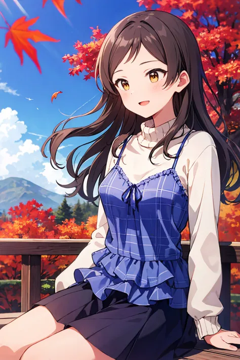 kitazawa shiho, atmn-clrs-wrld, , 1girl, solo, brown hair, brown eyes, autumn leaves, sitting, leaf, outdoors, tree, day, open m...