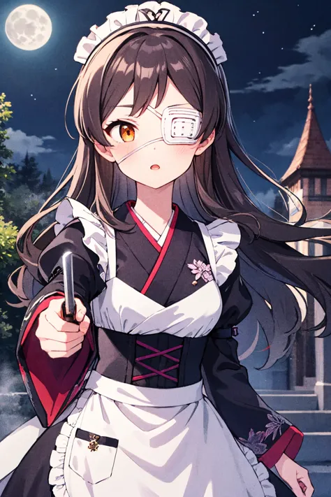 masterpiece, best quality, 
kitazawa shiho, tasogarenofuchi, eyepatch, 1girl, maid headdress, japanese clothes, night, knife, brown hair, full moon, looking at viewer, kimono, outdoors, maid apron, wa maid, medical eyepatch, glowing eye, glowing, long sleeves, solo, brown eyes, tree, maid, dutch angle, wide sleeves, white apron, holding knife, frills, open mouth, black kimono, night sky, cloud, forest, frilled apron, floral print, pov, yellow eyes, one eye covered, solo focus, parted lips, holding sword, eyebrows visible through hair, blurry foreground, nature, upper body, depth of field, black hair, swept bangs, glowing eyes, light trail, arm up, print kimono, star \(sky\), drawstring, puffy sleeves, :o, moonlight, collarbone, outstretched arm, sword, reaching out, cloudy sky, building, house, starry sky, hand up, unsheathing, cross-laced clothes, reverse grip, fog, red ribbon, orange eyes, standing, scenery, waist apron, hair ornament, outstretched hand, sidelocks, juliet sleeves, mansion, medium breasts, glint, frilled sleeves, very long hair, corset, lens flare, pov hands, blurry background, grass, sheath, black dress, out of frame, frilled hairband, white eyepatch, dagger, chromatic aberration, glowing weapon, wide-eyed, hair between eyes, blush, floating hair
<lora:kitazawa_shiho_locon_v1:0.8>