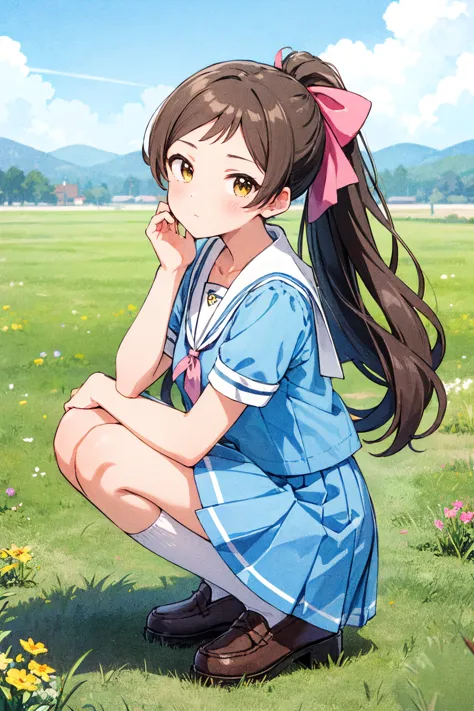 kitazawa shiho, summer-jhs, 1girl, brown hair, solo, squatting, brown eyes, ponytail, looking at viewer, white legwear, school uniform, pleated skirt, brown footwear, short sleeves, blue skirt, hair scrunchie, white sailor collar, collarbone, blue shirt, closed mouth, blush, head rest, serafuku, full body, loafers, pink ribbon, high ponytail, kneehighs, hair ribbon, hand on own face, blue serafuku, neck ribbon, eyebrows visible through hair, looking to the side, hand on own cheek, miniskirt, hand on own chin, hand up, expressionless, very long hair, parted bangs, from side, shiny hair, skirt set, neckerchief, cross-laced footwear, shiny, shoelaces, small breasts, sidelocks, yellow eyes, arm support, sneakers, floating hair, blue ribbon, swept bangs, blue neckwear, sailor shirt, wavy hair, blue dress, light blush, looking up, white socks, dot nose, outdoors, field, grass, from above
<lora:kitazawa_shiho_locon_v1:0.7>