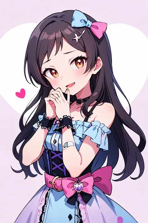 kitazawa shiho, spade-q, 1girl, long hair, solo, blush, black hair, hair bow, bandaid on arm, smile, open mouth, belt, looking at viewer, symbol-shaped pupils, heart-shaped pupils, pink bow, hair ornament, blue bow, brown eyes, plaid dress, hands up, pink background, bare shoulders, upper body, frills, wrist cuffs, :d, lace, purple belt, lace trim, cross-laced clothes, wristband, pink belt, shaded face, purple background, hand on own chin, sleeveless dress, simple background, own hands together, brown hair, corset, lace-trimmed dress, pink ribbon, off shoulder, splatter, blue ribbon, swept bangs, pink dress, pink blood, hair ribbon, teeth, frilled dress, red eyes, eyebrows visible through hair, blood, wrist bow, purple bow, clenched hand, blood splatter, multicolored clothes, bandaid on hand, yellow eyes, paint splatter, off-shoulder dress, sash, parted bangs, upper teeth, black belt, standing, hand up, clenched hands, dress bow, multicolored background, shoulder cutout, frilled sleeves, blue dress, short sleeves, buckle, belt buckle, bandaid on knee, hand on own face, hairclip, hand to own mouth, symbol in eye, yandere, small breasts, collarbone, hairband, parted lips, wrist ribbon, cowboy shot, multicolored eyes, wrist scrunchie, buttons, multicolored dress, white dress, head tilt, skirt, clothing cutout, pink eyes, blue belt, single wrist cuff, bandages, eyelashes, purple dress, heart in eye, center frills, shirt, orange eyes, scrunchie, frilled cuffs, two-tone dress, evil smile, dot nose, medium breasts, smirk, sidelocks
<lora:kitazawa_shiho_locon_v1:0.7>