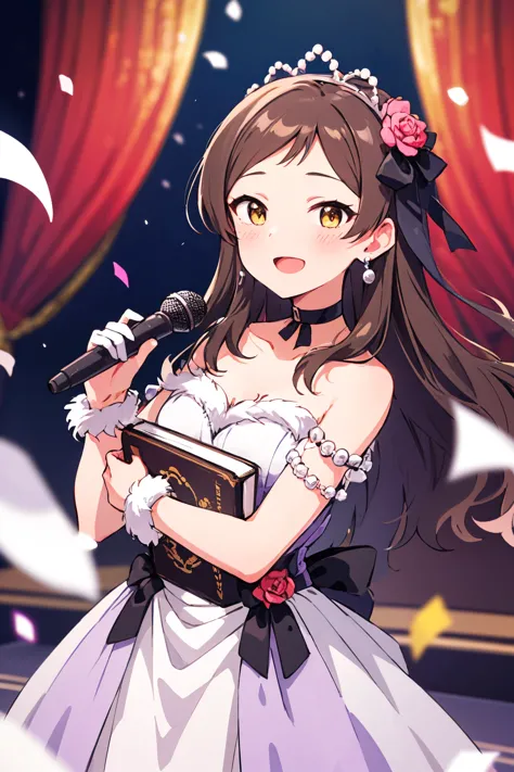 kitazawa shiho, picbk, 1girl, long hair, solo, microphone, brown hair, open mouth, smile, jewelry, earrings, book, yellow eyes, looking at viewer, hair flower, bare shoulders, :d, collarbone, tiara, brown eyes, confetti, white dress, blush, hairband, holding microphone, strapless dress, pink flower, holding book, music, fur trim, pink rose, singing, hair ribbon, black ribbon, black bow, curtains, half-closed eyes, depth of field, object hug, standing, wrist cuffs, armlet, sleeveless dress, ribbon choker, black neckwear, stage, armband, wristband, swept bangs, cowboy shot, bracelet, pearl \(gemstone\), black choker, frills, layered dress, medium breasts, purple dress, wavy hair, gloves, blurry background, necklace, one side up, corsage, neck ribbon
<lora:kitazawa_shiho_locon_v1:0.7>