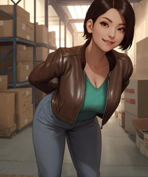 nair,black hair,short hair,brown eyes,arms behind back,cleavage,
green shirt,leather jacket,
standing,smile,leaning forward,
indoors,empty warehouse,
(insanely detailed, beautiful detailed face,beautiful detailed eyes, masterpiece, best quality),<lora:nair:0.8>,