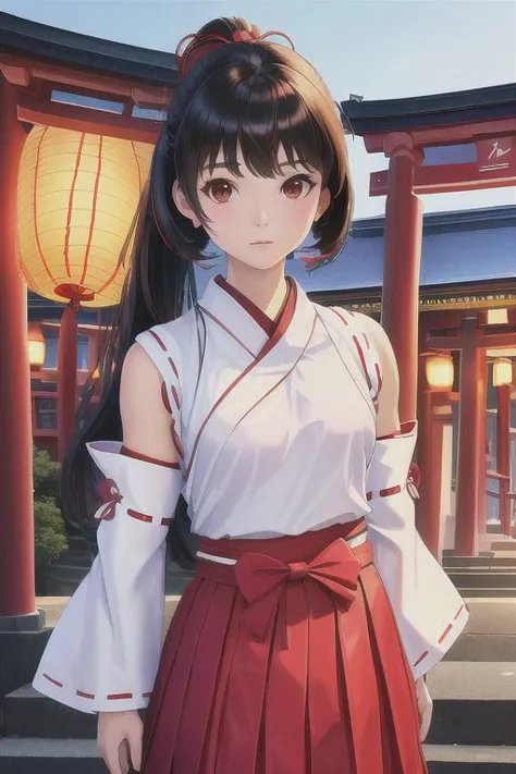 1girl (miko clothes, white sleeves, long scarlet skirt:1.5) (head accessories, hand accessories:1.7) (cute,solemn,bare face,big ...