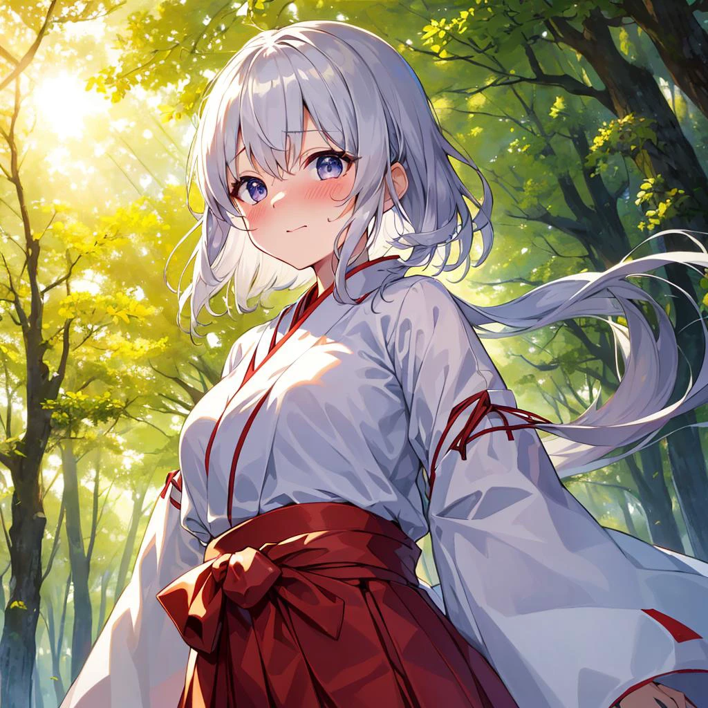 ((8k, masterpiece,best quality,hyper detailed,illustration)) ,1girl,solo,miko clothes, long hakama, long sleeves, outdoors, walking in forest, ((stroll)), sunlight filtering through trees,,daylight,sunbeam,lens flare,best light,(tang keke,:1.2), female ,best quality eyes,dropping eyes,Bishojo,silver hair,curl inward hair,eyelashes,face blush,sweaty,steaming body,medium breasts, looking_at_viewer,