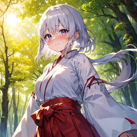 ((8k, masterpiece,best quality,hyper detailed,illustration)) ,1girl,solo,miko clothes, long hakama, long sleeves, outdoors, walk...