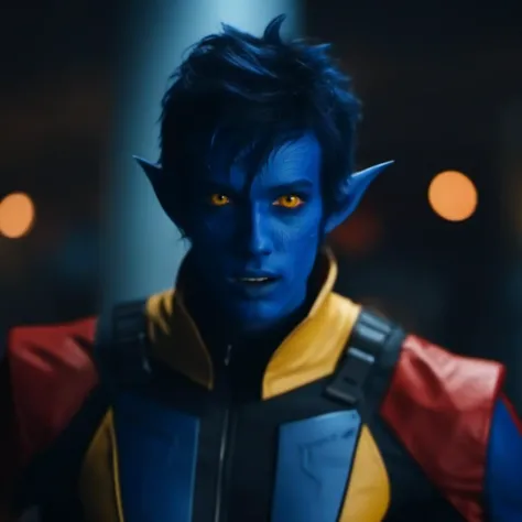 a man in a blue costume with yellow eyes and a red jacket