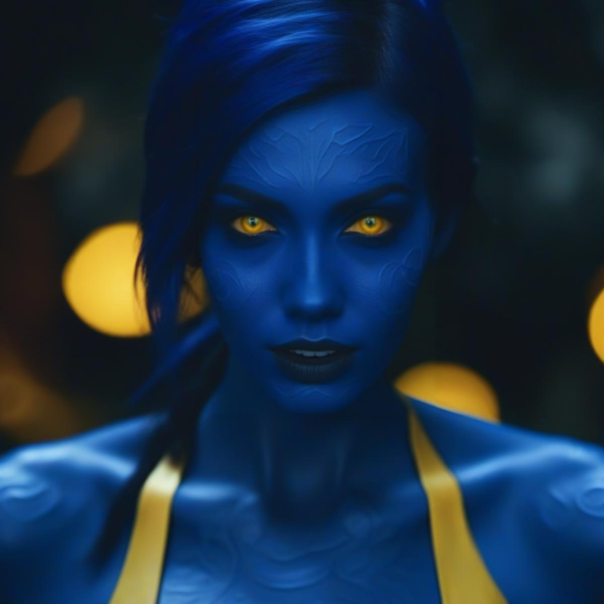 A woman with blue makeup and yellow eyes in a dark room - SeaArt AI