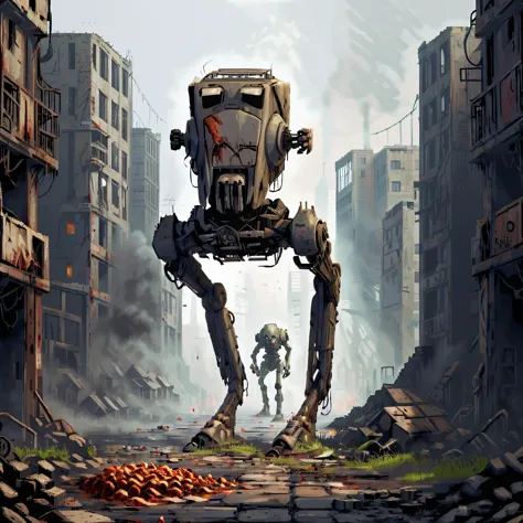 arafed robot walking through a city with a man in the background