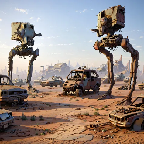 arafed vehicles and vehicles in a desert with a giant robot