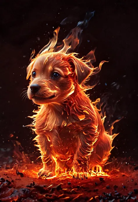water element, a (puppy dog made of fire:2.8) ((masterpiece)) ((best quality)), <lora:add-detail-xl:0.8> <lora:More_interesting_...