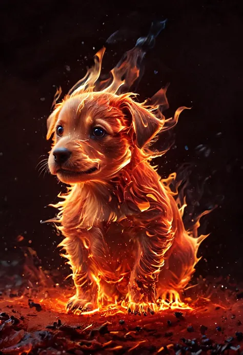 a dog is running through the fire with its head in the air