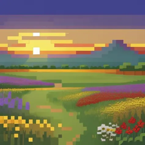 <lora:Final Fantasy 6 Portraits - V1:0.75> final_fantasy_6_portrait, snes, pixelart, blue background, landscape, meadow, flowers, sunset, no humans,