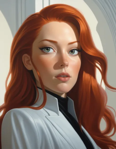 a painting of a woman with red hair and a black suit on, with a white background and a white wall, Donato Giancola, stanley artgerm lau, a painting, fantasy art
masterpiece, best quality, depth of field, close-up,head tilt, backlighting, intricate details