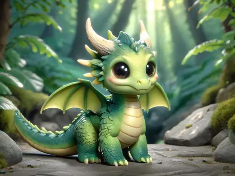 there is a small green dragon sitting on a rock in the woods